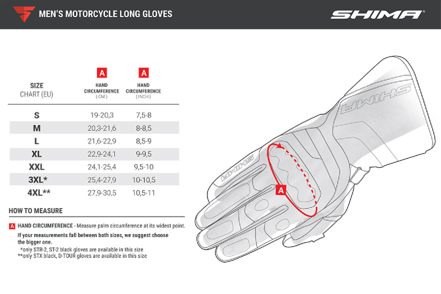 Таблица размеров: SHIMA мотоциклетные перчатки с длинной манжетой