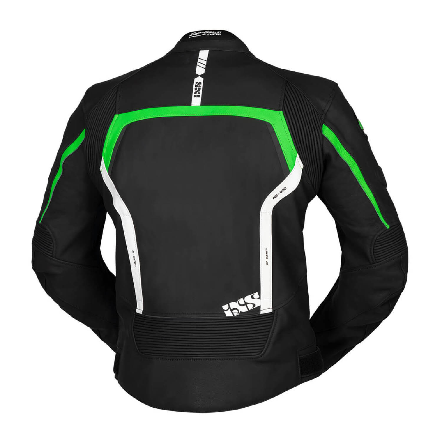 Спортивная куртка кожаная IXS SPORTS LD RS-600 цвет черно-зелёный вид сзади для мотоциклистов купить по низкой цене