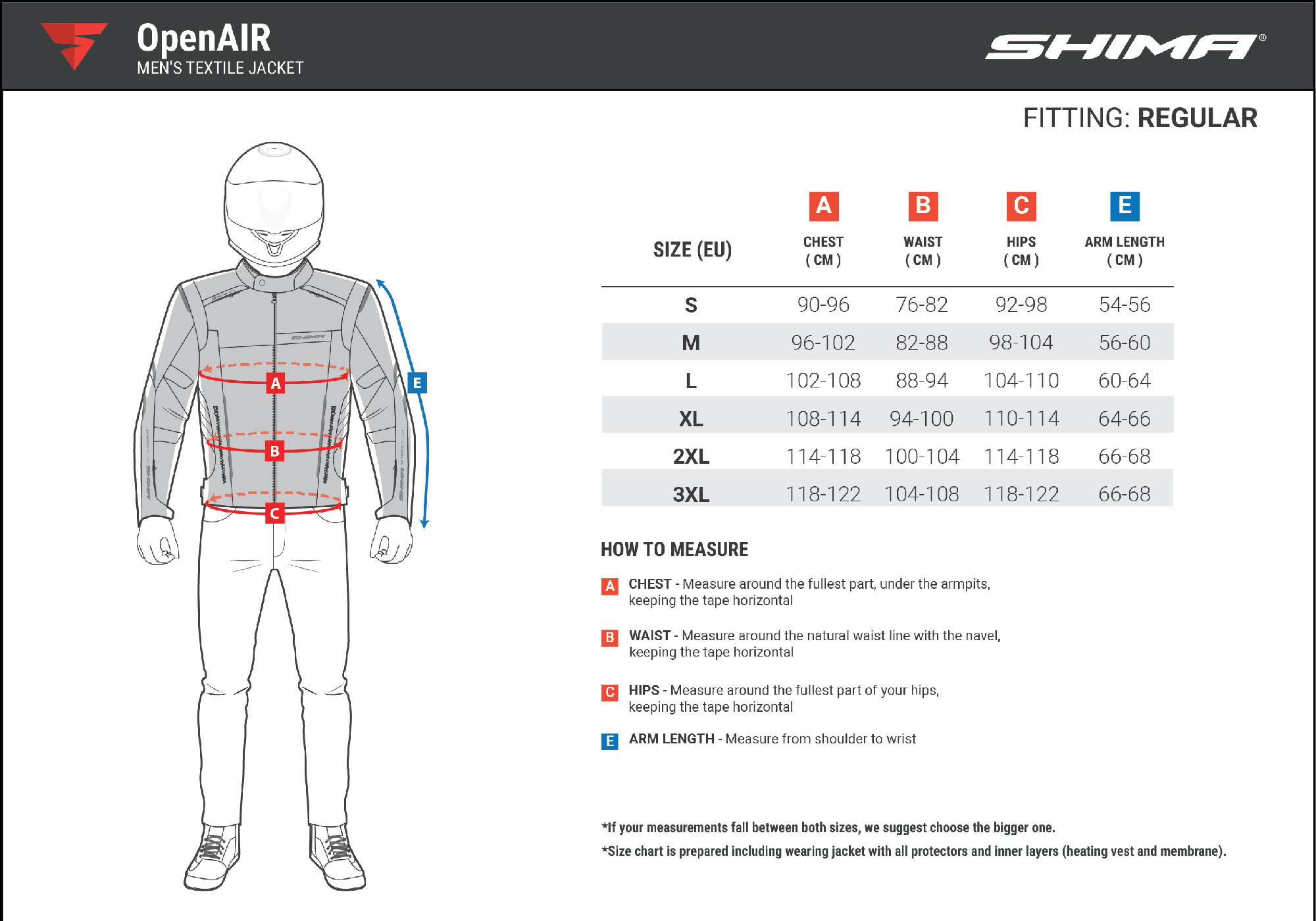 Таблица размеров: летняя куртка SHIMA OPENAIR текстильная для мотоциклистов
