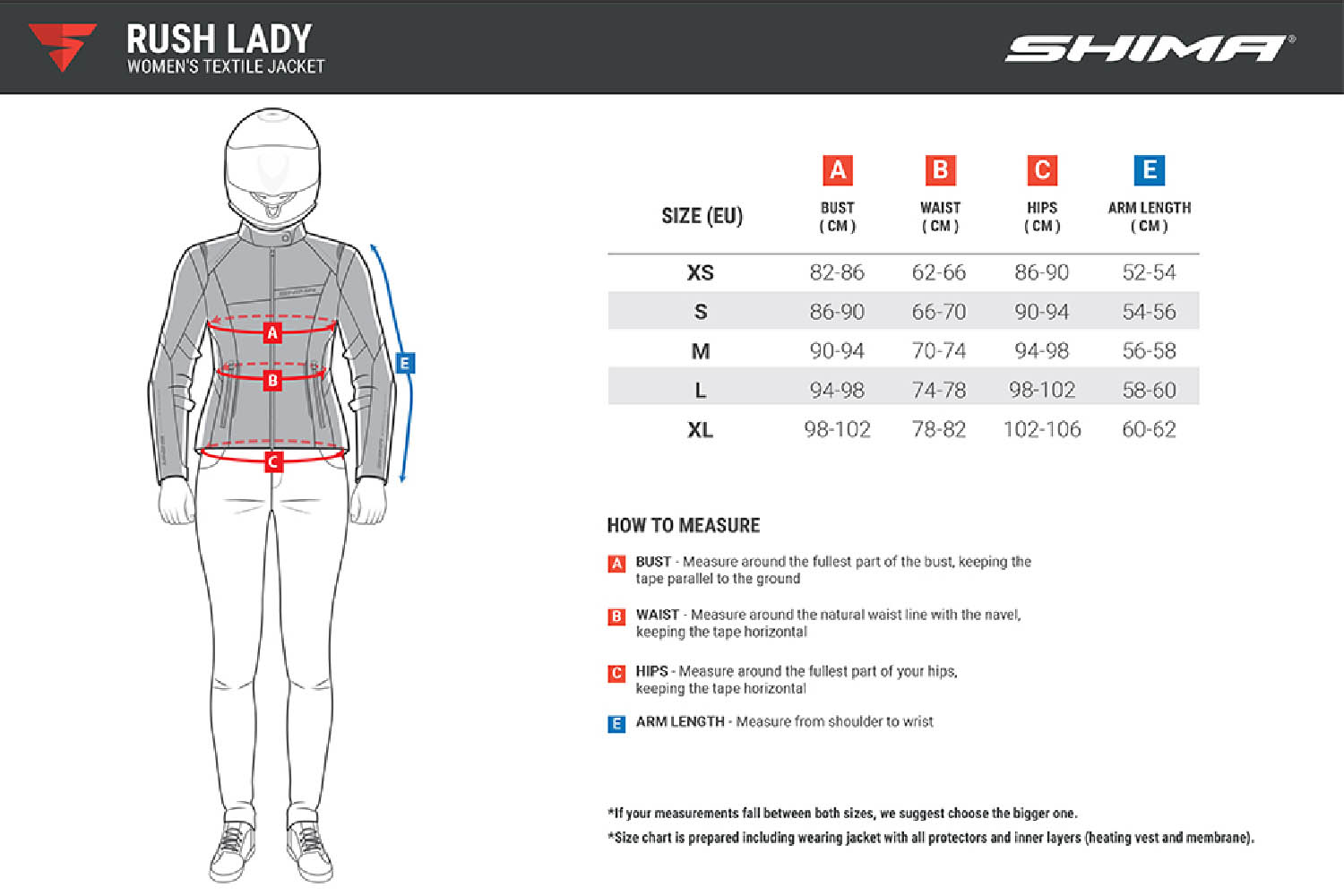 Таблица размеров: куртка женская SHIMA RUSH LADY текстильная для мотоциклистов