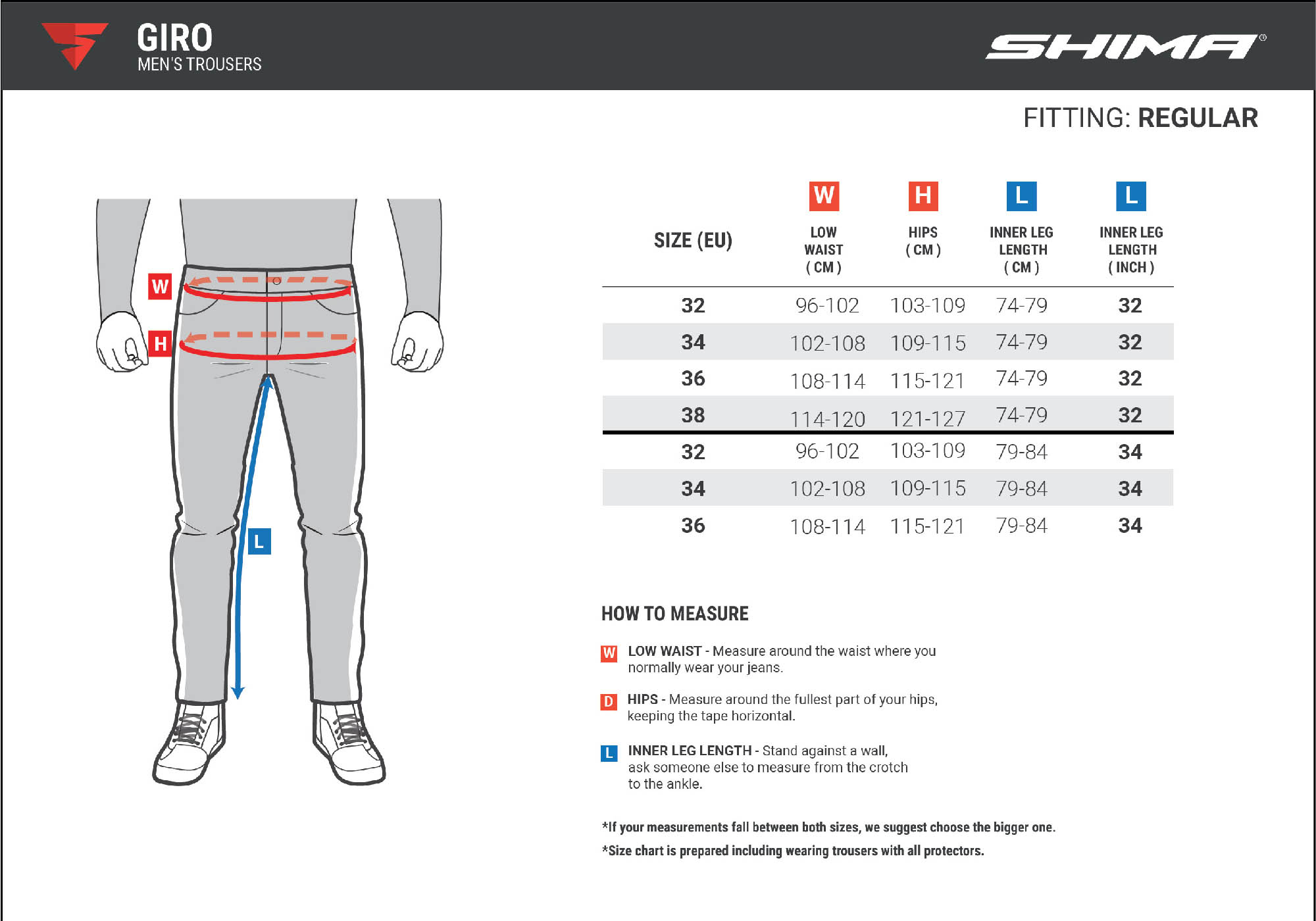 Таблица размеров: мотоциклетные штаны SHIMA GIRO из текстиля купить по низкой цене