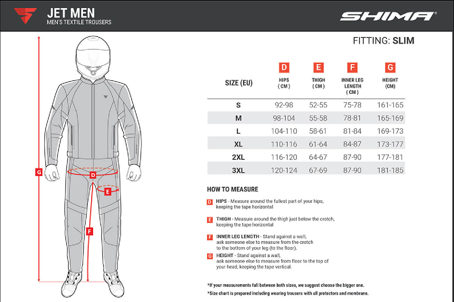 Таблица размеров: мотоциклетные штаны SHIMA JET TROUSERS из текстиля вид пара купить по низкой цене
